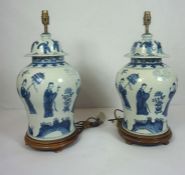 A pair of Chinese blue and white porcelain table lamps, late 20th century, in the KangXi style, of