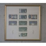 Bank of England, a framed group of nine British denomination bank notes, including J42 1957 £5 note;