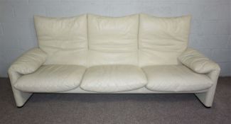 A large Cassini 'Maralunga' cream leather sofa, designed by Vico Magistretti, Milan, Italy, the