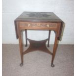 A small George III style carved mahogany sofa table, with drop leaf sides, a single drawer and plain