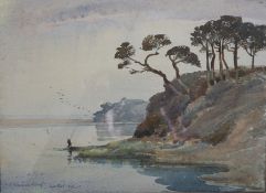 Samuel John Lamorna Birch, (1869-1955), Long Pool, fisherman at dusk, watercolour, signed, inscribed