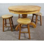 A modern hardwood round kitchen table with four matching stools, 70cm high, 102cm diameter (5)