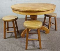 A modern hardwood round kitchen table with four matching stools, 70cm high, 102cm diameter (5)