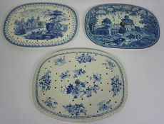 Three large blue and white meat drainers, 19th century, including a fine ovoid example decorated