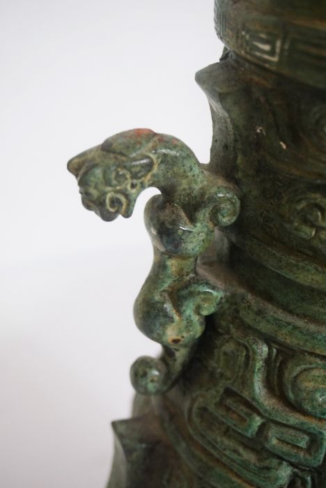 A Chinese Archaistic 'bronze' Hu, Zhou style vase, with green patina, probably 20th century, of - Image 2 of 2