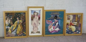Four assorted cross-stitch decorative pictures, including two lovers and a lady beneath a tree (4)