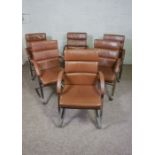 A set of twelve brown leather and chromed steel William Hands Orion 'Classic' Boardroom Chairs,