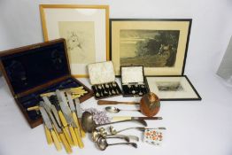 Miscellaneous items, including a silver table spoon, assorted flatware, a carved nut and three