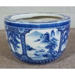 A blue and white floral footbath, 55cm wide; together with a Chinese blue and white garden fish