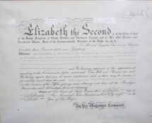 A framed Royal Commission, by Elizabeth II appointing the Swedish Consul at Edinburgh, dated