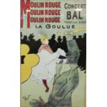 After Toulouse Lautrec, two large reproduction posters for Moulin Rouge and Jane April, framed and