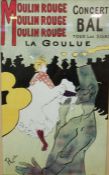 After Toulouse Lautrec, two large reproduction posters for Moulin Rouge and Jane April, framed and