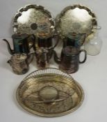 A quantity of silver plate, including assorted salvers, coffee pots and a bread basket, a collection