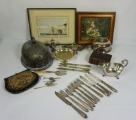 A quantity of assorted silver plate, including a Regency style inkstand, a meat cover, assorted