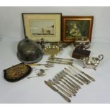 A quantity of assorted silver plate, including a Regency style inkstand, a meat cover, assorted