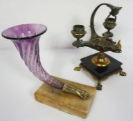 A late Recency ormolu and slate desk candelabrum, in the form of a classical oil lamp, with two