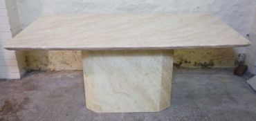 A polished Breccia Sarda type marble dining table, modern, circa 2000, with concave sides on a