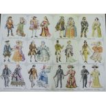 Assorted pictures and prints, including a cross-stitch of "Costumes through the Ages"; Changing