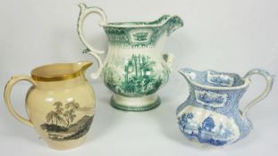 Three 19th century jugs, including a creamware example bat printed with Highland scenes (3)