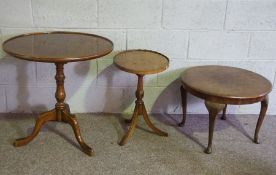Three occasional tables, including a pollard veneered 'bird cage' snap top wine table, 20th century;