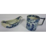 A very unusual Staffordshire blue and white bowl, in form of a Kovsch, decorated with Hokusai like