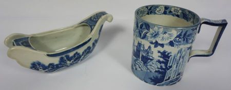 A very unusual Staffordshire blue and white bowl, in form of a Kovsch, decorated with Hokusai like