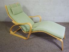 An Ikea Poang Chaise Lounger, with bentwood frame and green cushioned seat, 165cm long