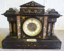 A Victorian slate and marble mantel clock, with architectural case, 13cm circular dial, 36cm high,