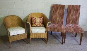 Two gold painted Lloyd Loom style armchairs and two high backed dining chairs, modern, with