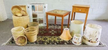 A group of assorted household items, including two small occasional tables, a wall mirror with