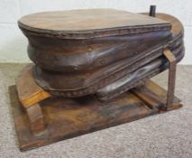 A large vintage elm and leather workshop foot bellows, circa 1900, the sprung treadle with