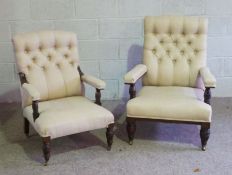 A pair of Victorian walnut framed parlour chairs, currently upholstered in light beige, with