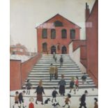Six decorative pictures, including Old Church and Steps' after Lowry, and similar prints (6)