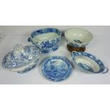 A group of Staffordshire blue and white including a large open tureen or basin, decorated with