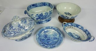 A group of Staffordshire blue and white including a large open tureen or basin, decorated with