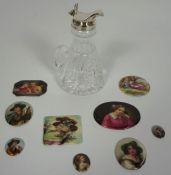 A silver topped whisky tot, together with a group of nine assorted porcelain plaques decorated