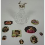 A silver topped whisky tot, together with a group of nine assorted porcelain plaques decorated