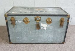A group of vintage trunks, including a leather domed truck, also a Chubb magnetic microfilm
