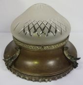 A Belle Epoch brass and glass hall pendant light fitting, circa 1900, with a domed matted glass