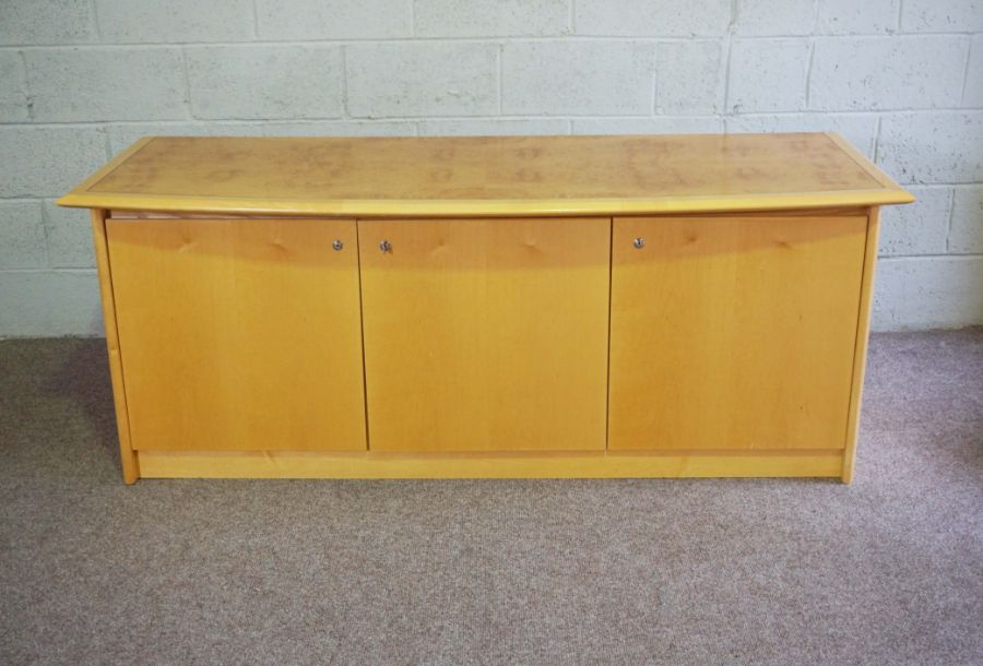 A modern bow-front credenza or serving cabinet, by Hands of Wycombe, circa 2000, with a burr - Image 2 of 2