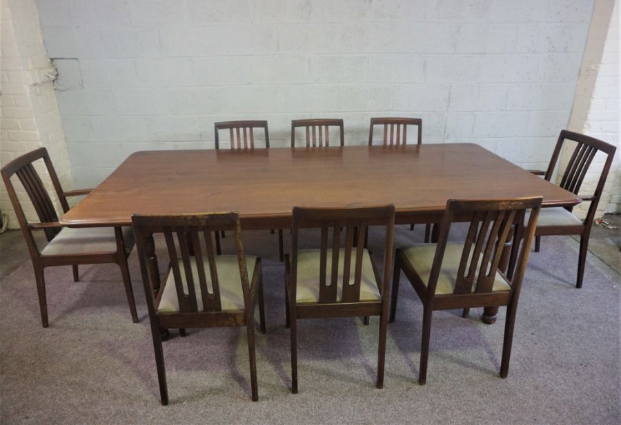 A large modern 'mahogany' dining table, 20th century, with a rounded rectangular top on four