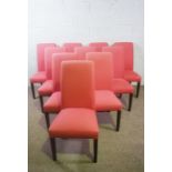 A set of ten modern beech framed dining chairs, with scrolled over and upholstered backs,