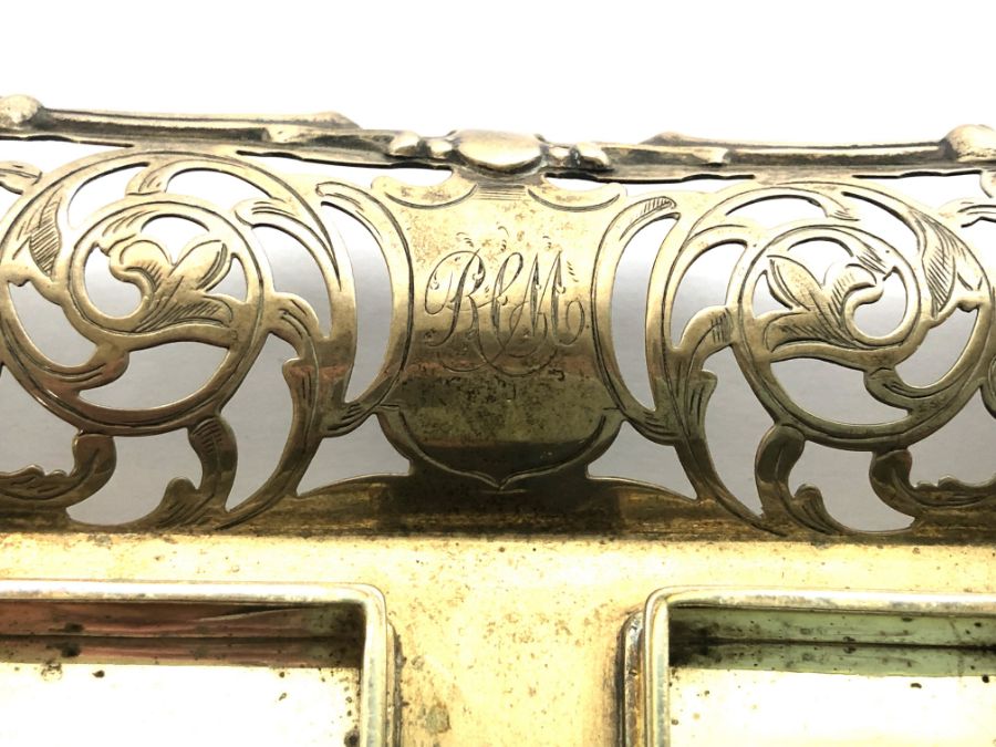 A Victorian silver inkstand, hallmarked Sheffield 1847, with date lozenge, the pierced and scroll - Image 4 of 11