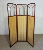 An Edwardian three fold mahogany framed screen, 170cm high, 46cm wide per fold