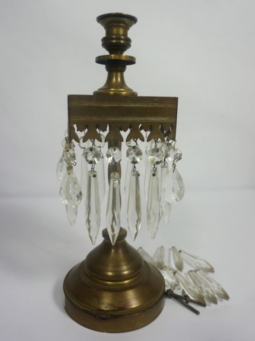 A pair of brass candlestick lustres, in 17th revival, with square collars and suspended clear lustre - Image 3 of 5