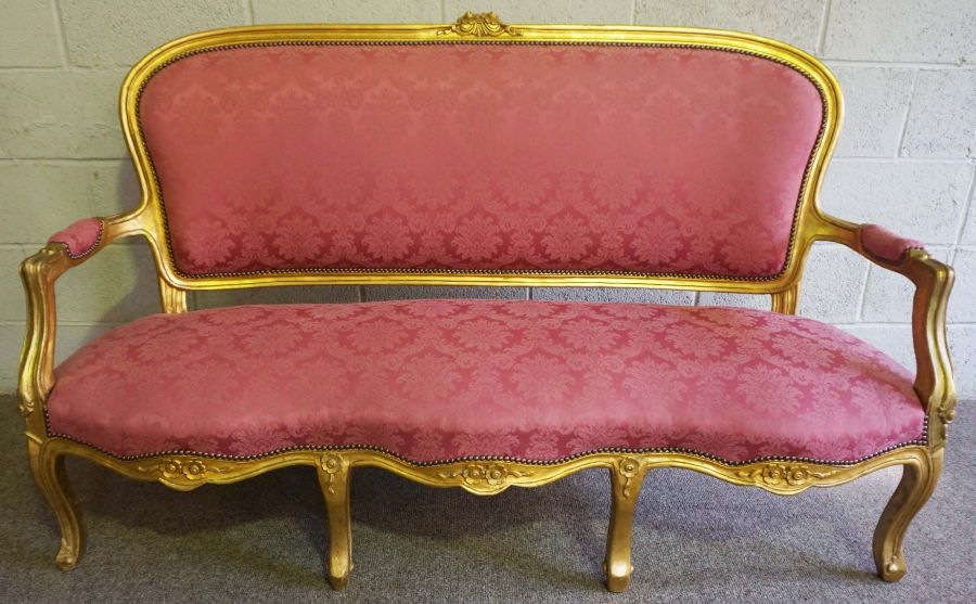 A George III style giltwood framed settee (or Canape), 20th century revival, with an arched - Image 2 of 6