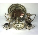 A quantity of silver plate, including coffee pot, tray, fruit stand and a quantity of cased