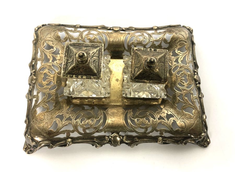 A Victorian silver inkstand, hallmarked Sheffield 1847, with date lozenge, the pierced and scroll - Image 2 of 11