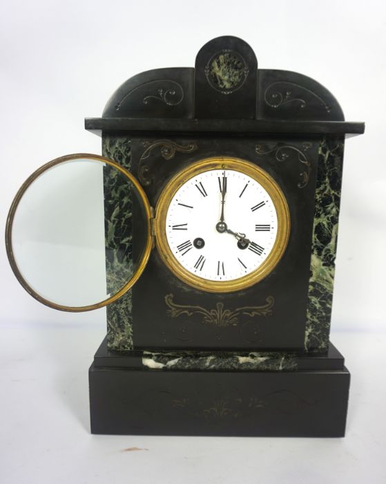 A Victorian slate cased mantel clock and vintage aneroid barometer (2) - Image 3 of 10
