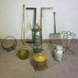 A group of miscellaneous items, including a vintage hay fork, saucepan stand, log holder etc (a